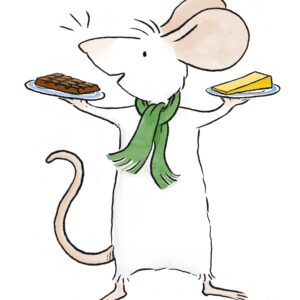 A picture of Alastair Mouse holding a plate of cheese and a chocolate bar