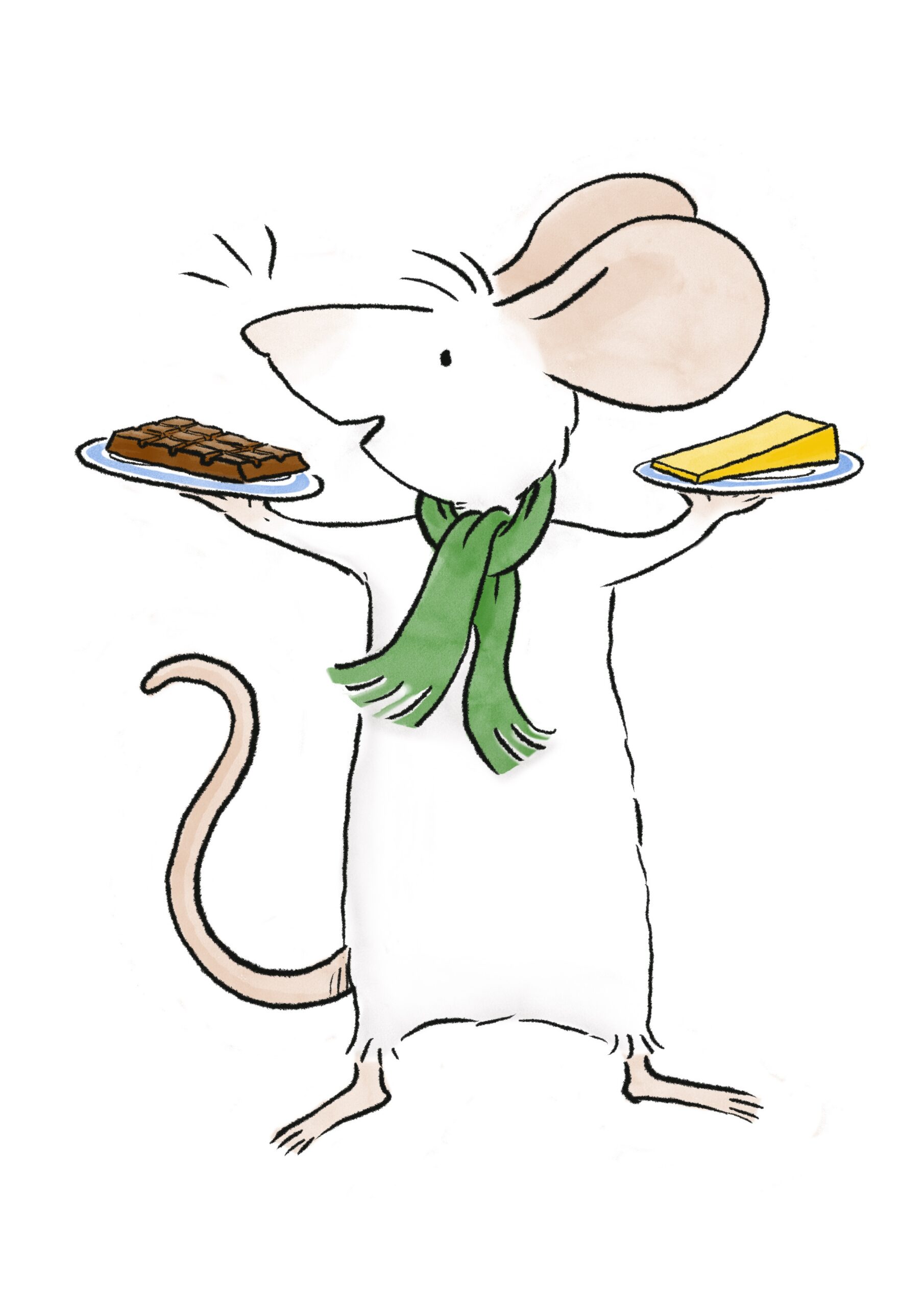 A picture of Alastair Mouse holding a plate of cheese and a chocolate bar