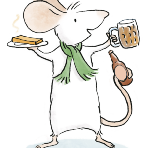 A picture of Alastair mouse holding a glass of cider, a plate of cheese & a bottle of cider