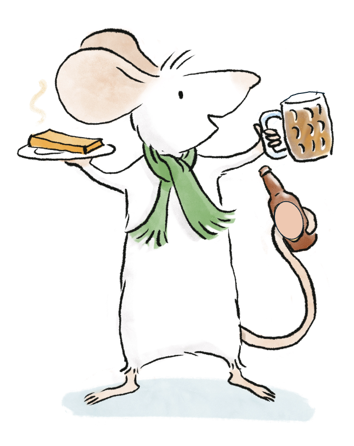 A picture of Alastair mouse holding a glass of cider, a plate of cheese & a bottle of cider