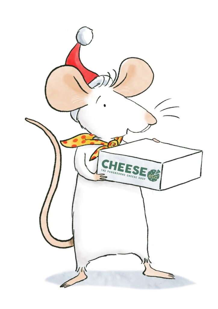 A picture of Alastair Mouse wearing a christmas hat, carrying a cheese etc box