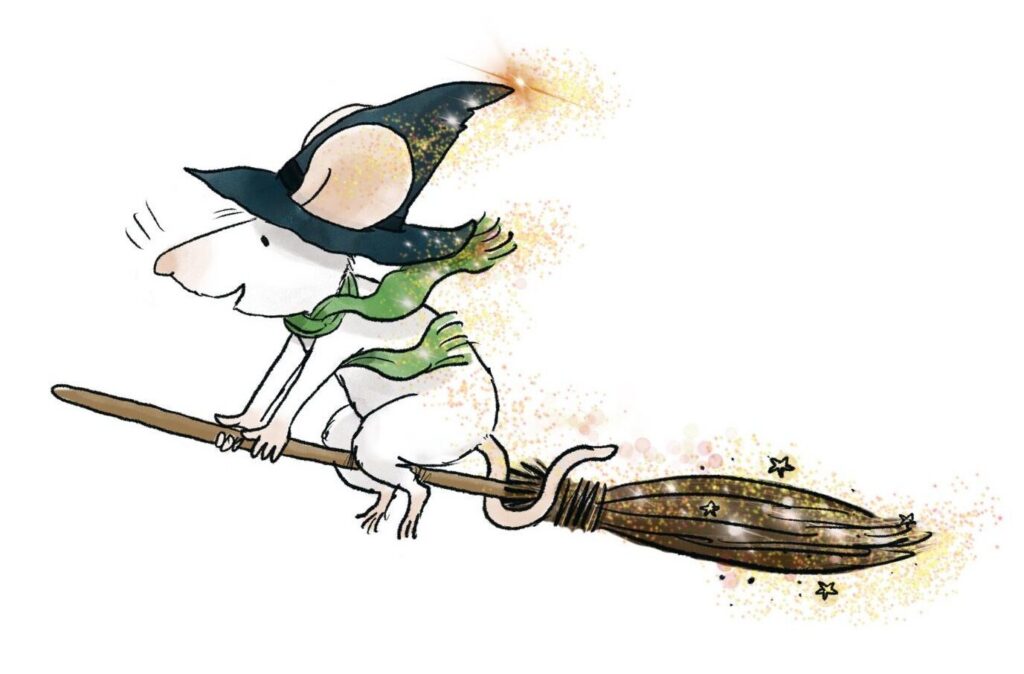 A picture of Alastair mouse dressed as a witch flying on a broomstick