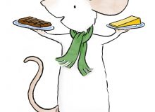 A picture of Alastair Mouse holding a plate of cheese and a chocolate bar