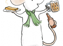 A picture of Alastair mouse holding a glass of cider, a plate of cheese & a bottle of cider